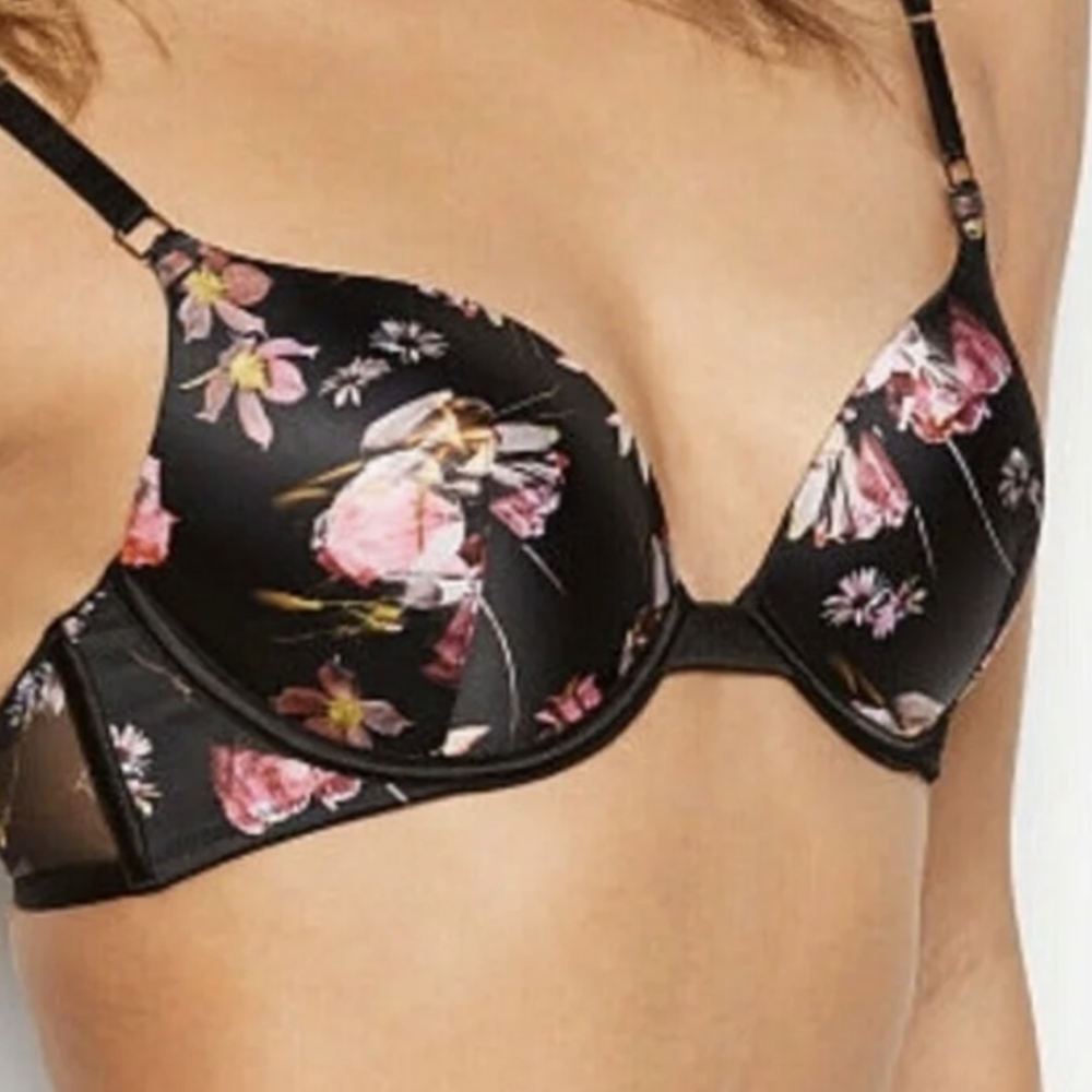 Victoria's Secret Plunge Push-Up Satin Black Floral Bra 34C